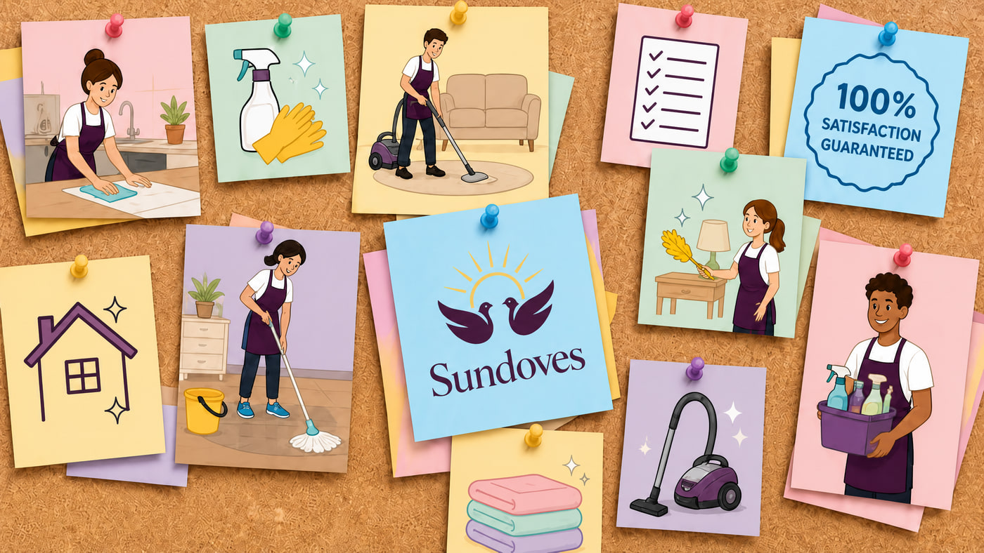 A pinboard of illustrated notes showing cleaning scenes, supplies, a checklist, a satisfaction badge, and the Sundoves logo.