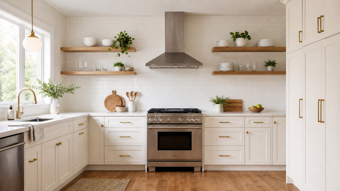 A bright kitchen with cream cabinets, open wood shelving, and a stainless range.