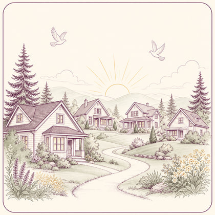 An illustration of a Marysville neighbourhood at sunrise, with houses, evergreens, and two doves.
