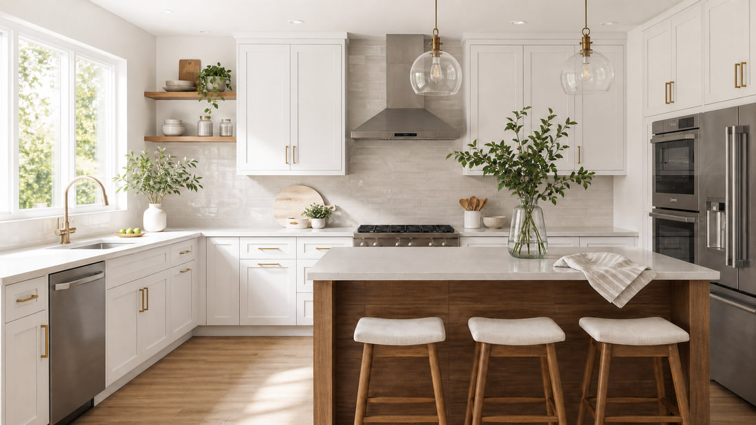 A bright white kitchen with a wooden island, three stools, and greenery on the counter.